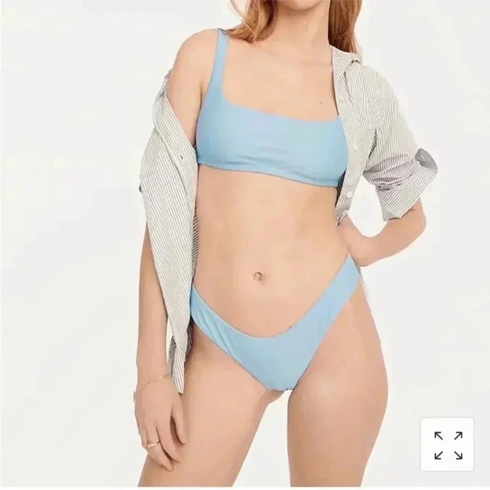 J.Crew Curved waist High Leg Cut cheeky bikini bottom in Blue Mist Small NWT
